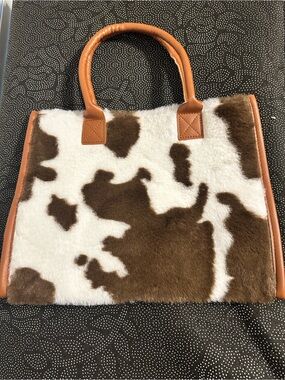 Faux Cowhide Brown & White Tote with Brown Trim